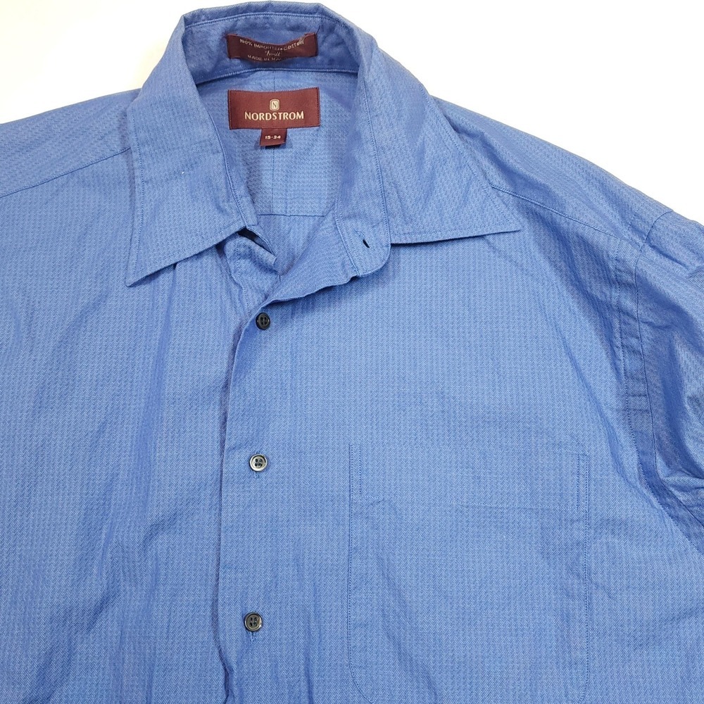 Nordstrom Dress Shirt Mens‎ 15 34/35 Blue Herringbone Twill Cotton Malaysia - Picture 3 of 7